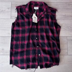 NWT Beotyshow Red Plaid Sleeveless Flannel Shirt Grunge Raw Hem Cut Off Vest XXL